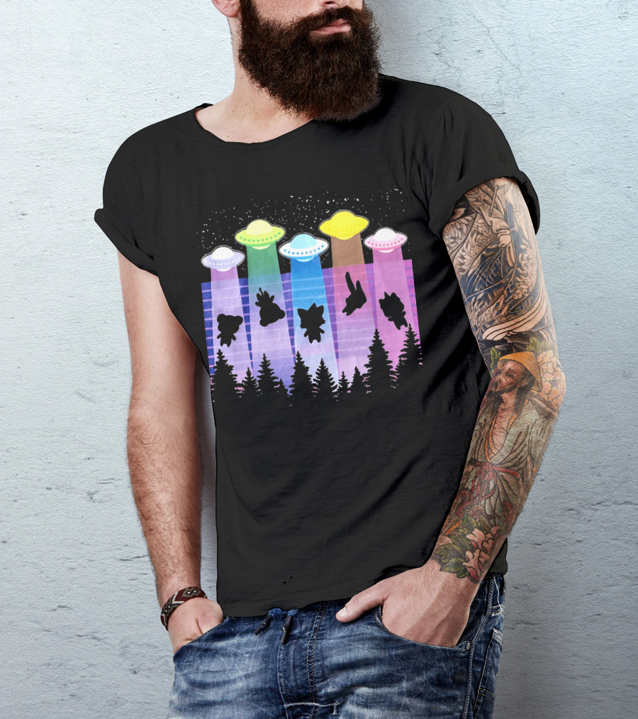 Krewdistrict Flying Saucers Alien Abduction Cartoon Silhouettes Forest Scene T-Shirt