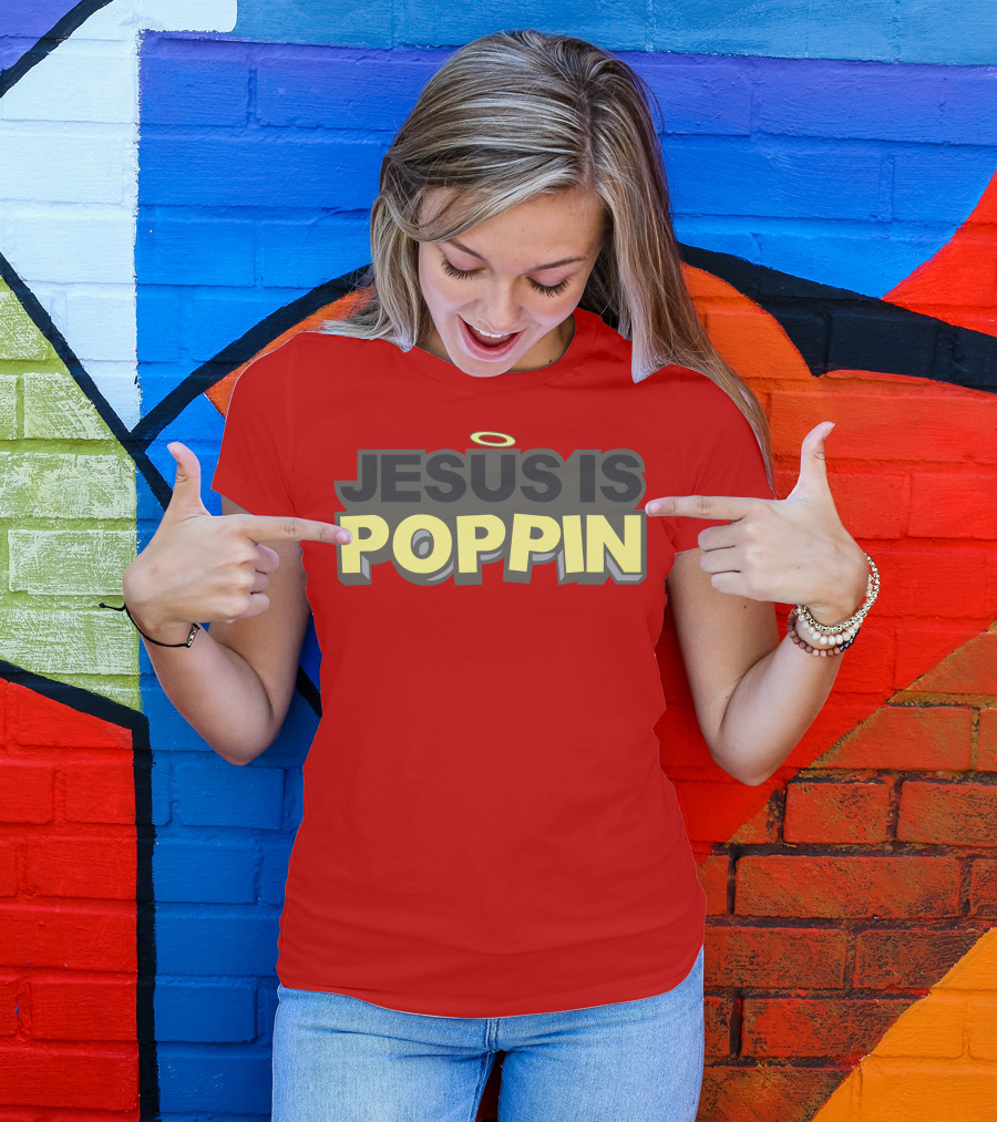 JESUS IS POPPIN Angel Halo Icon On Red T-Shirt