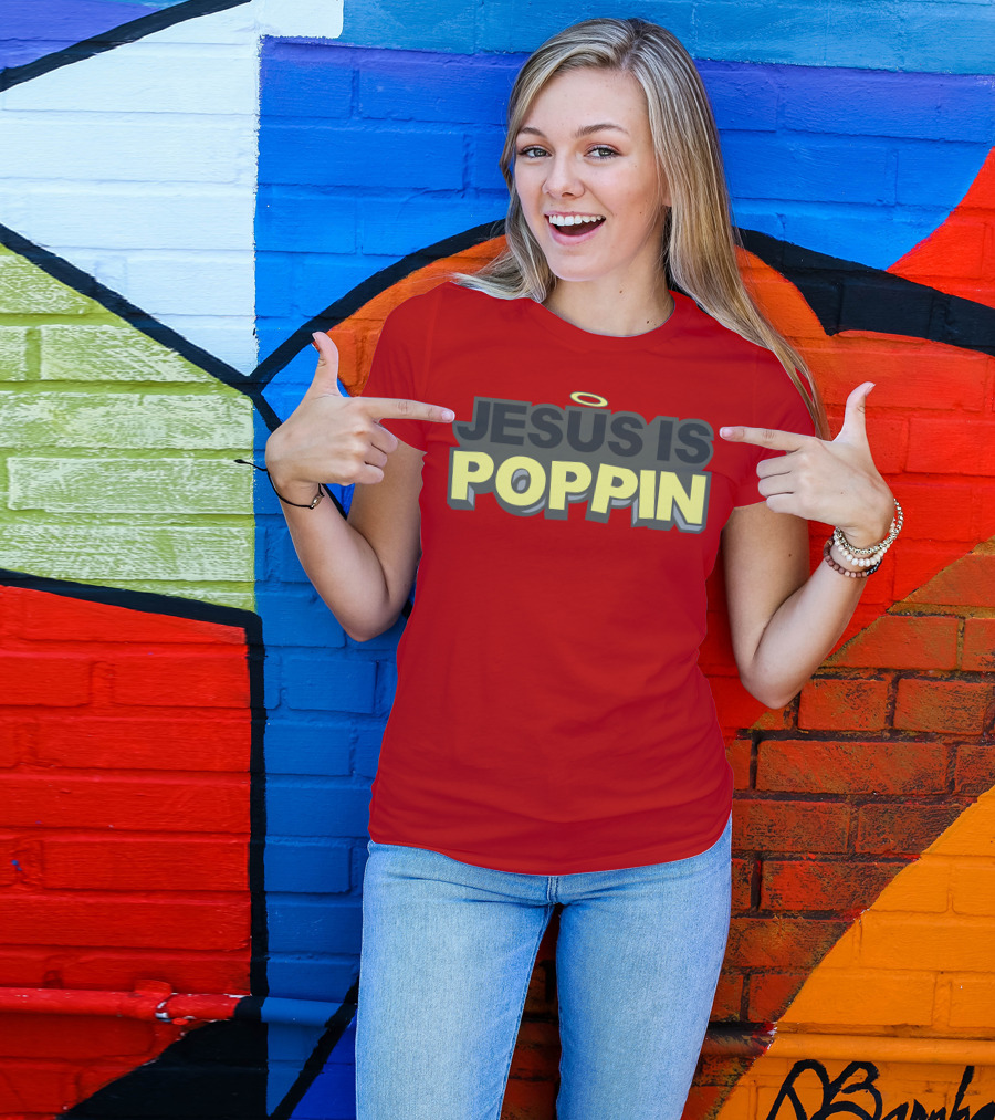 JESUS IS POPPIN Angel Halo Icon On Red T-Shirt
