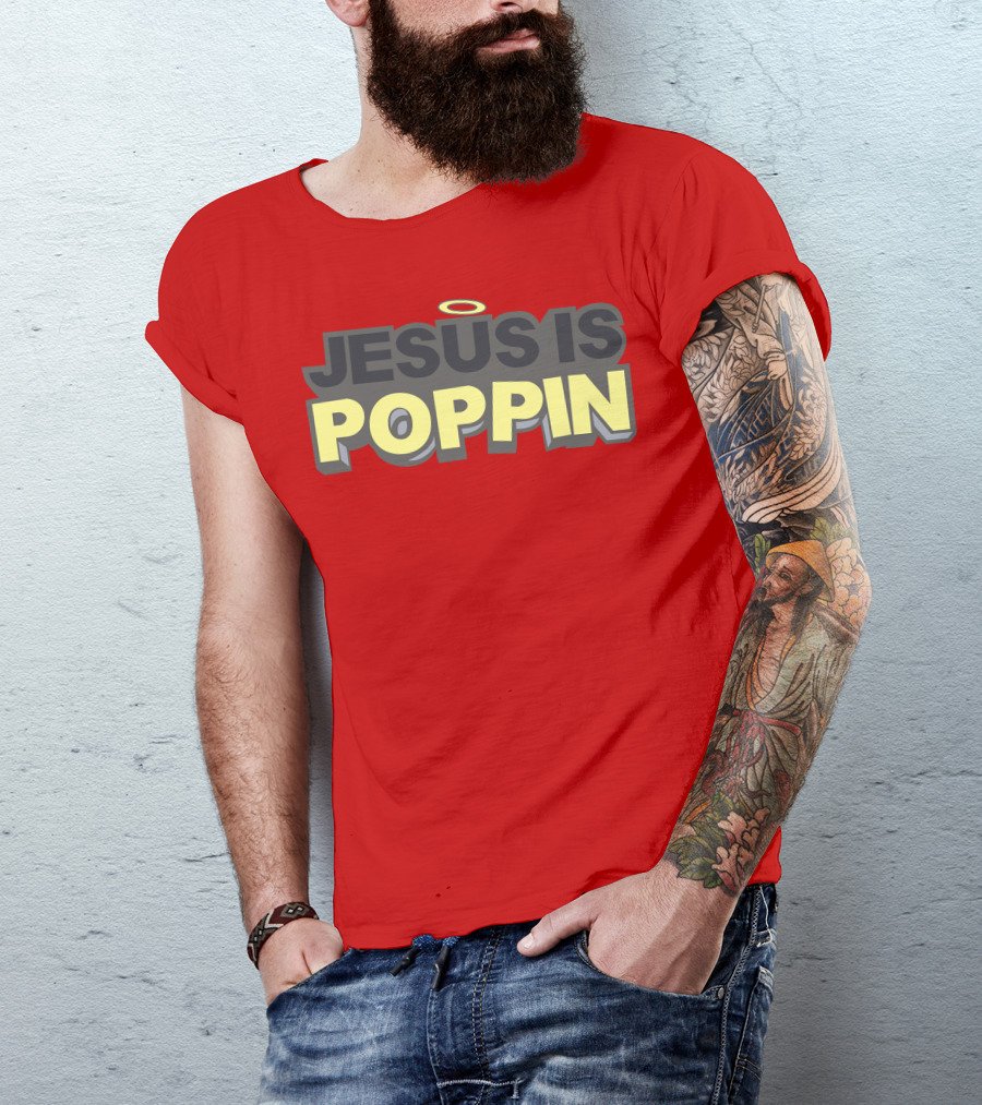 JESUS IS POPPIN Angel Halo Icon On Red T-Shirt