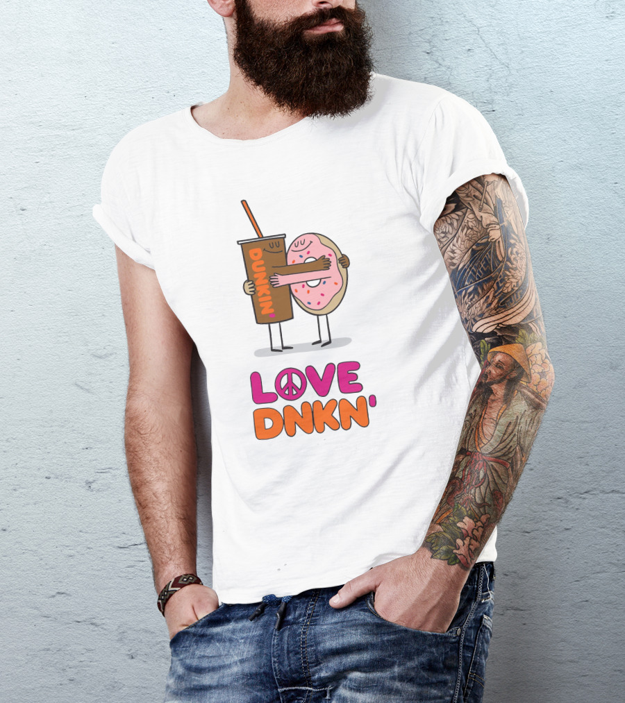 Love Peace Dunkin' Hugging Cartoon Donut And Coffee T-Shirt
