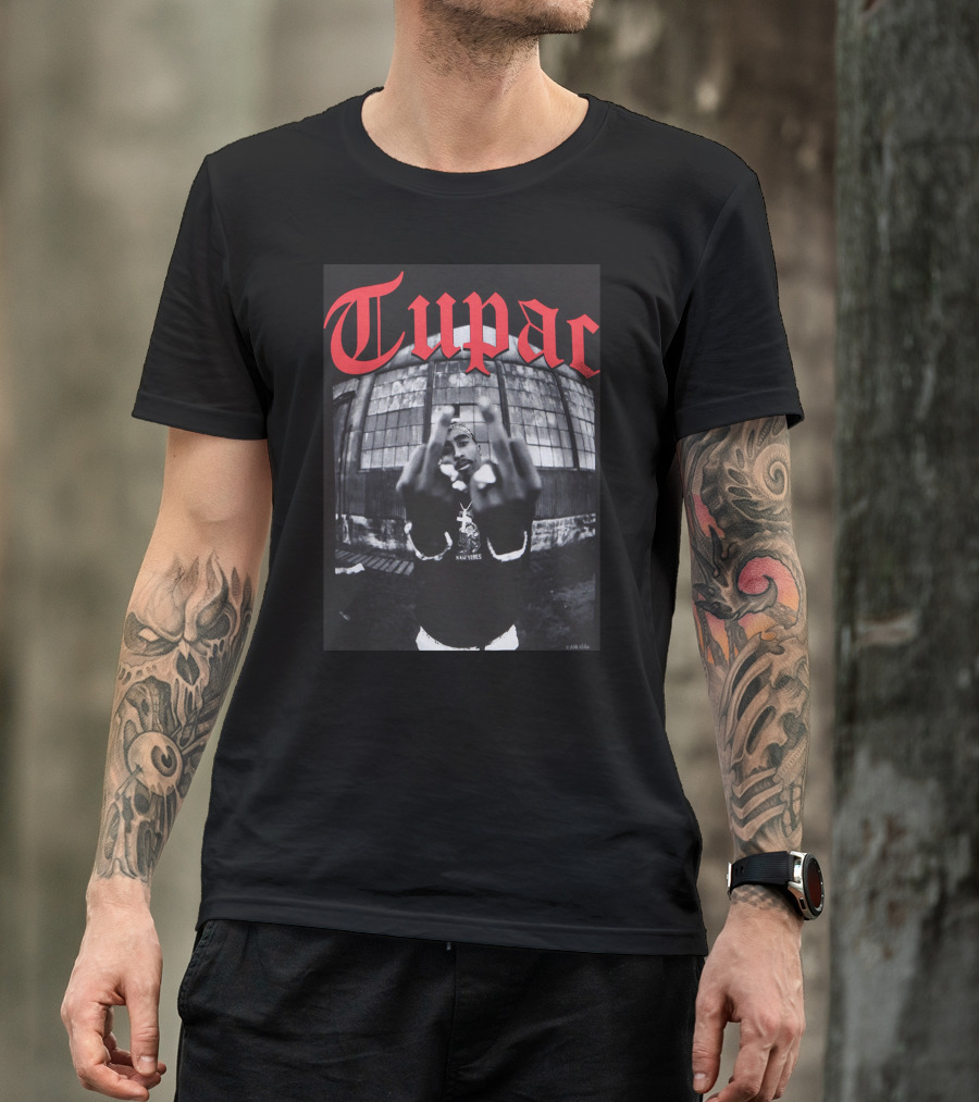 Tupac Front View Gesture Red Gothic Text T-Shirt