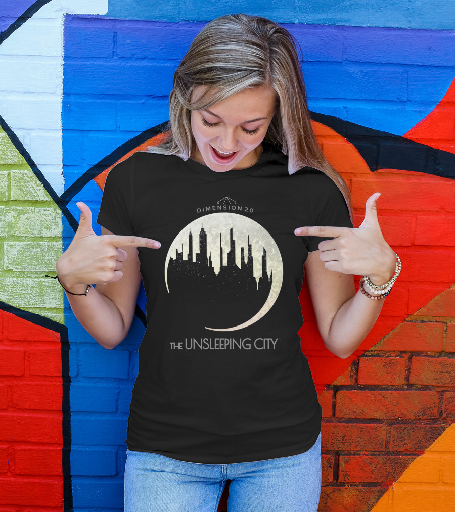 Dimension 20 The Unsleeping City Moon Skyline T-Shirt