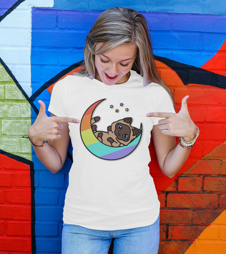 Antfrost Cat On Rainbow Crescent With Stars T-Shirt