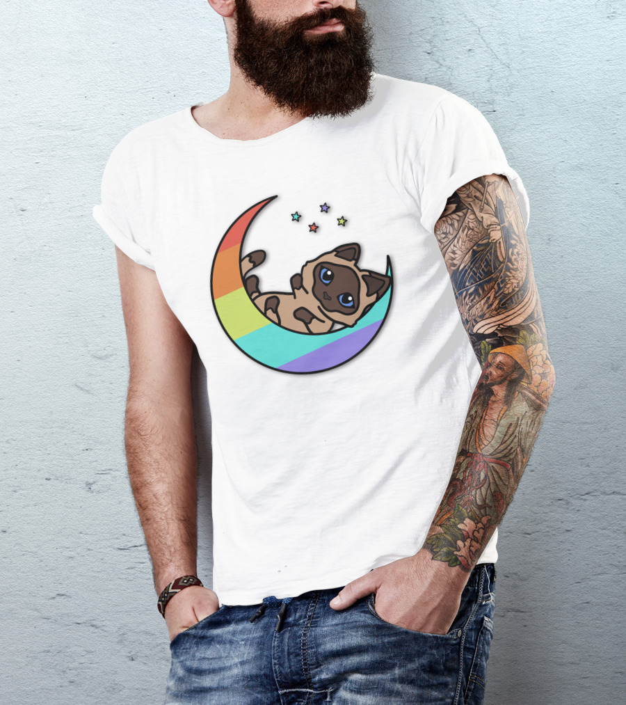 Antfrost Cat On Rainbow Crescent With Stars T-Shirt