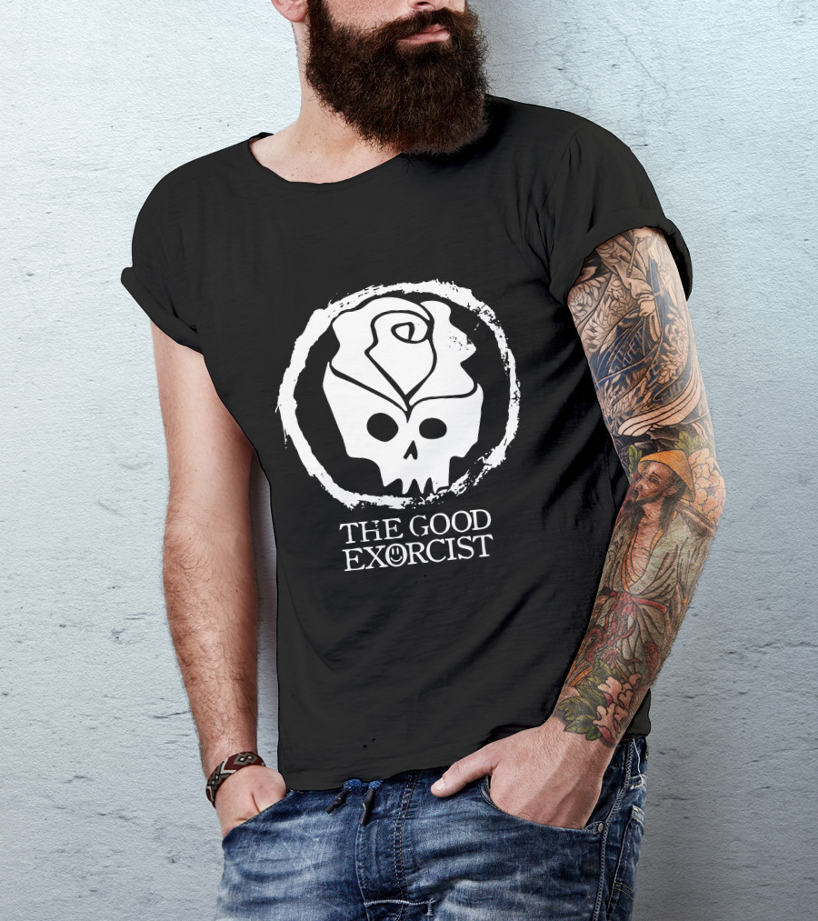 RoseSkull The Good Exorcist Skull With Rose And Smile Emblem T-Shirt