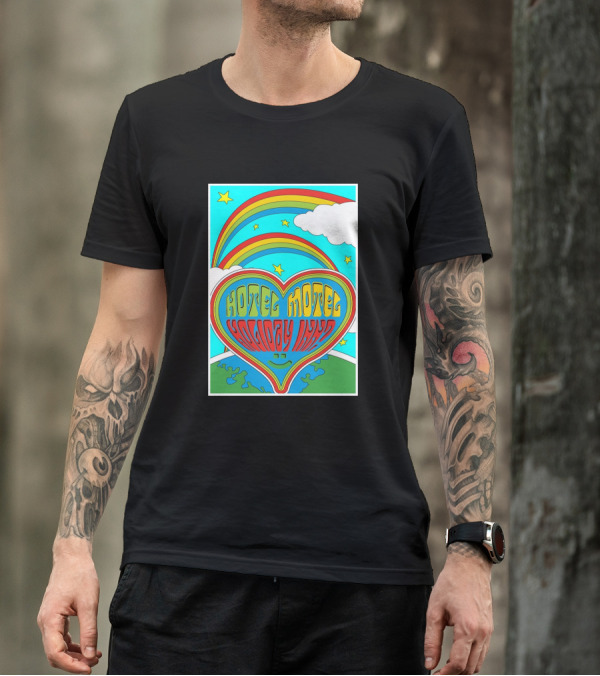 Sarahbaska Hotel Motel Holiday 1973 Rainbow Earth Heart T-Shirt