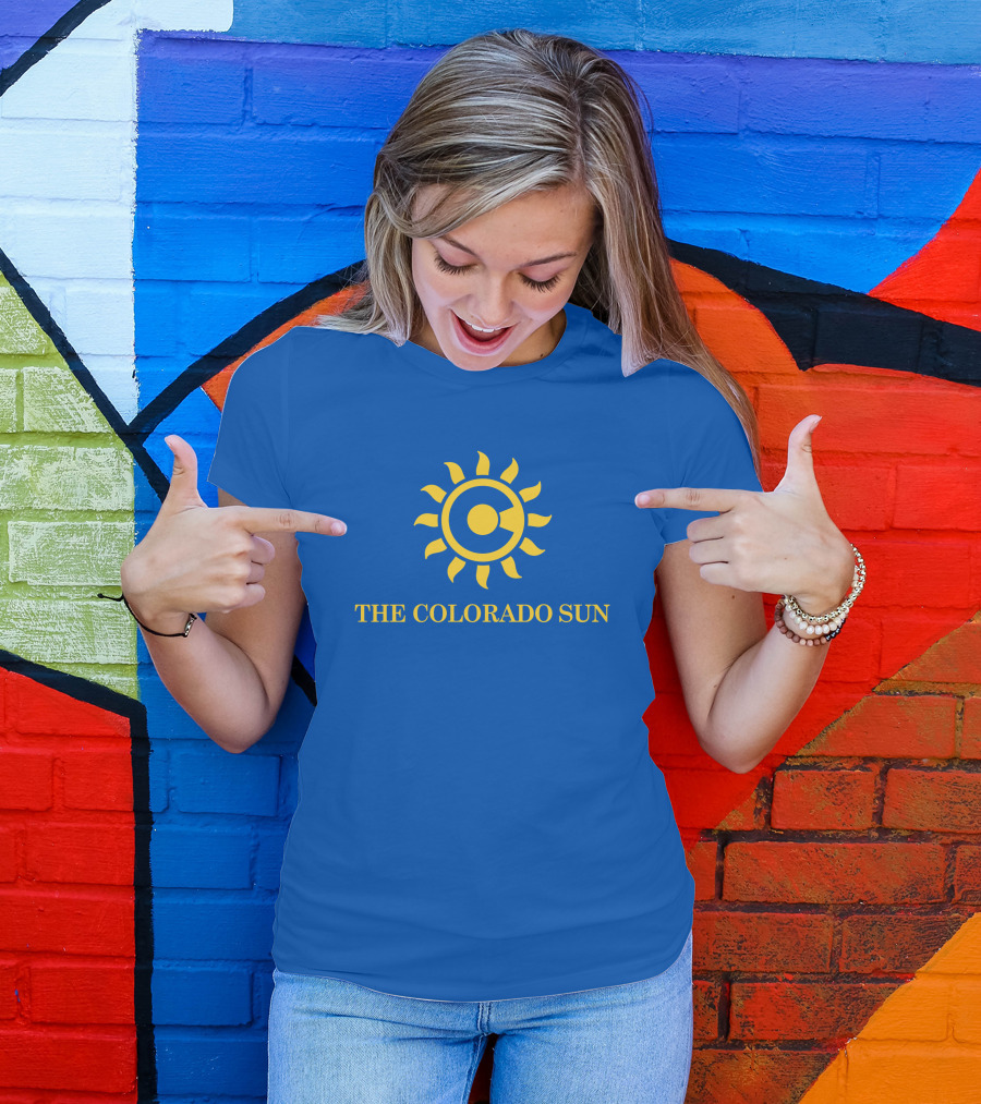 The Colorado Sun Merch Colorado Sun Logo Yellow Sunburst Blue Background T-Shirt
