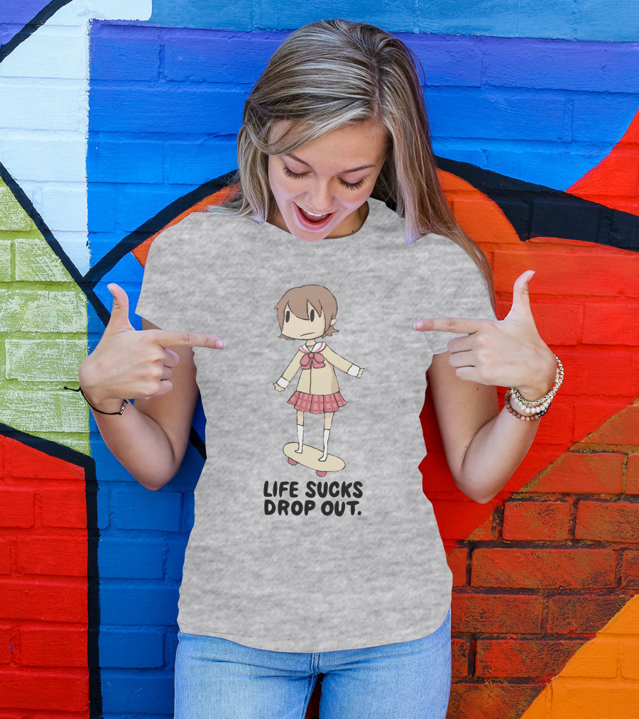Life Sucks Drop Out Anime Style Character On Skateboard T-Shirt