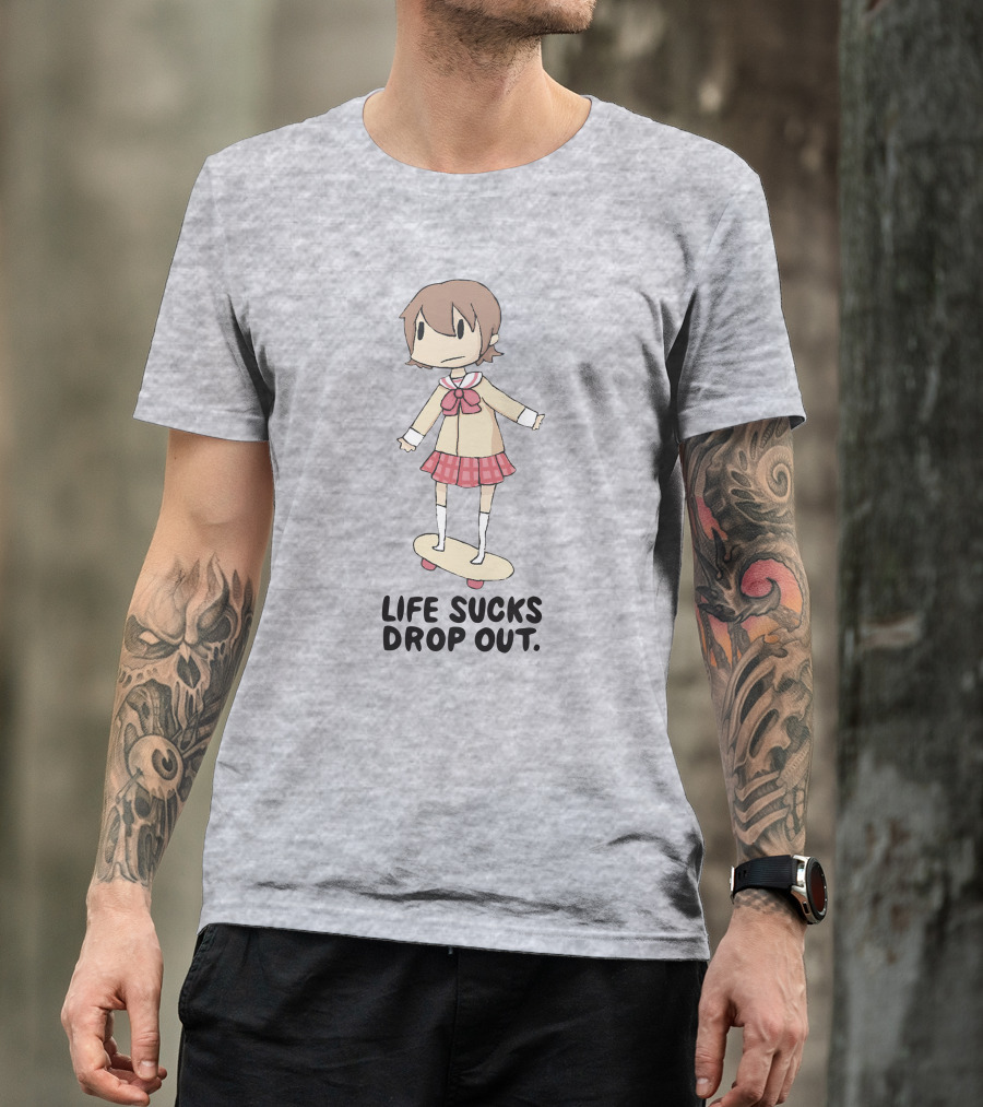 Life Sucks Drop Out Anime Style Character On Skateboard T-Shirt