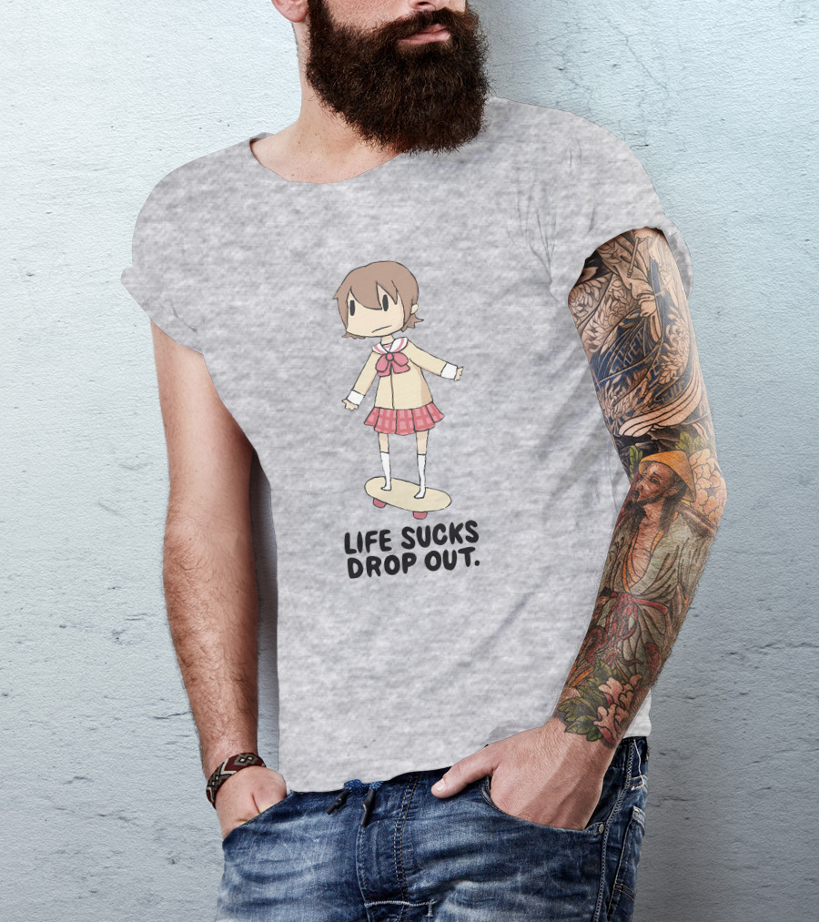 Life Sucks Drop Out Anime Style Character On Skateboard T-Shirt
