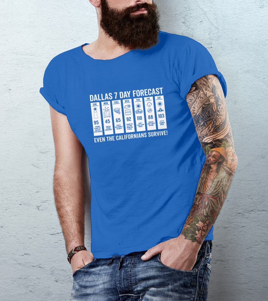 Dallas 7 Day Forecast Weather Parody Even The Californians Survive Bullzerk Merch T-Shirt