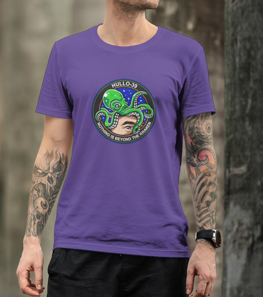 Hullo-39 Nothing Is Beyond The Kraken Green Octopus Starry Sky Badge T-Shirt