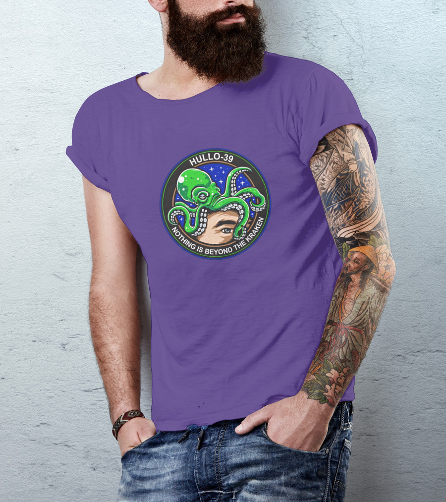 Hullo-39 Nothing Is Beyond The Kraken Green Octopus Starry Sky Badge T-Shirt