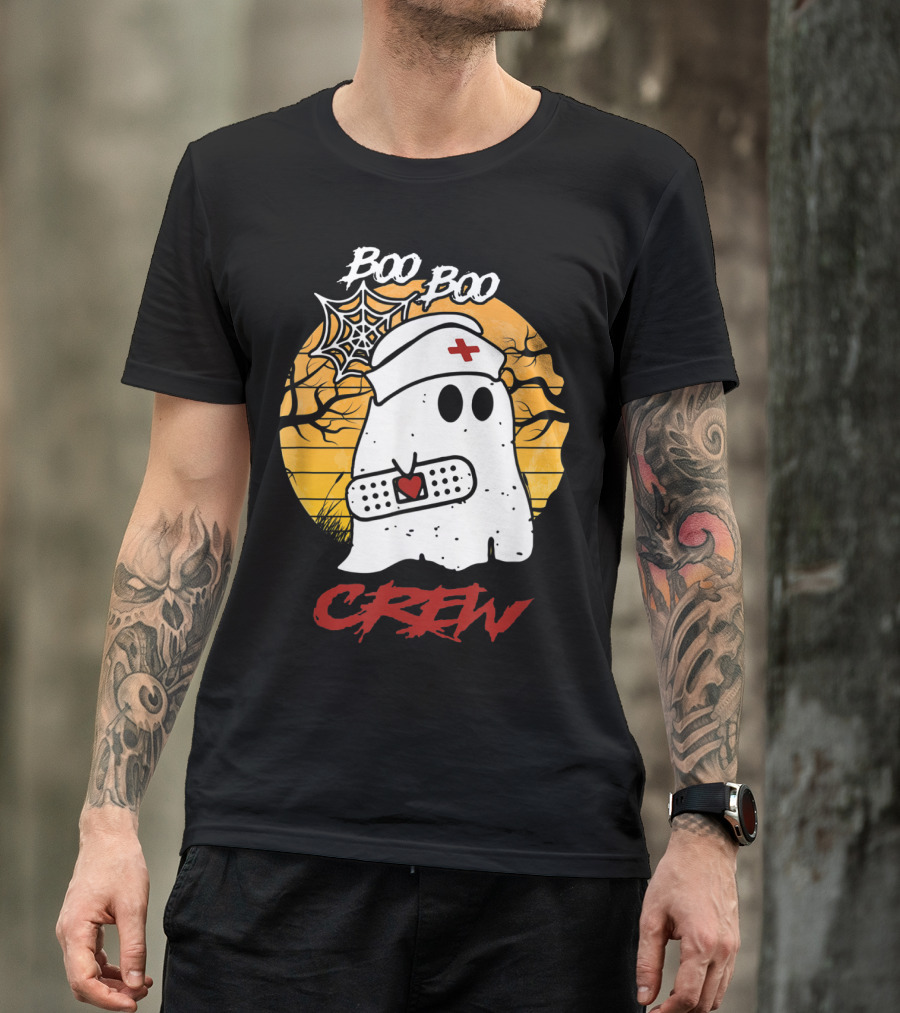 Boo Boo Nurse Ghost With Bandage And Spider Web Halloween Crew T-Shirt