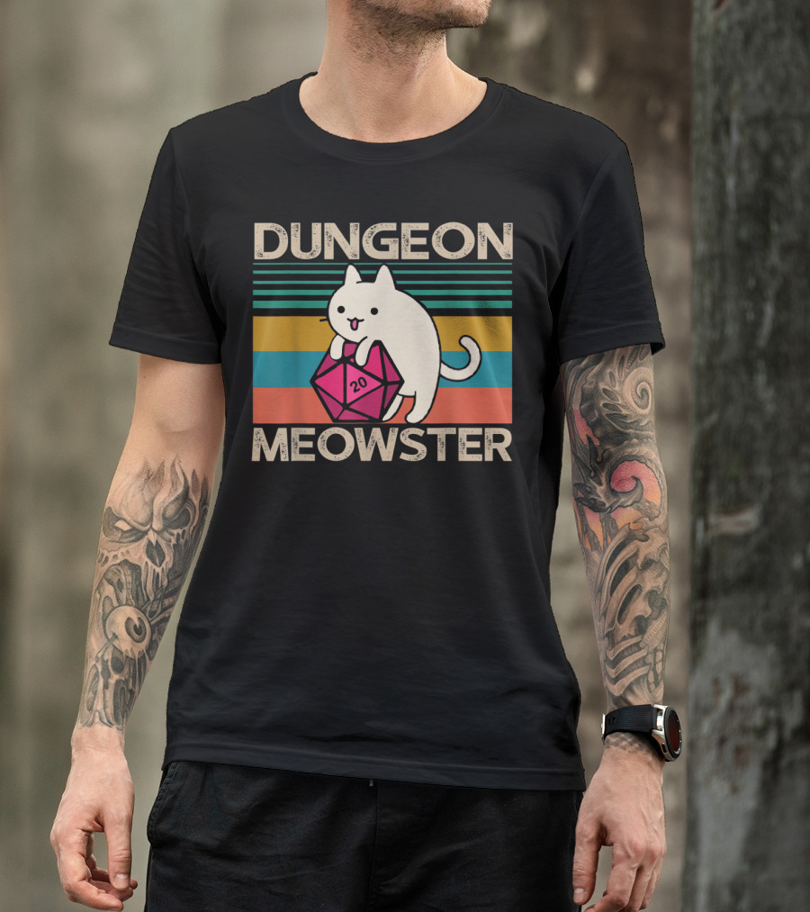Dungeon Meowster Nerdy Gamer Cat D20 RPG Retro Stripes T-Shirt
