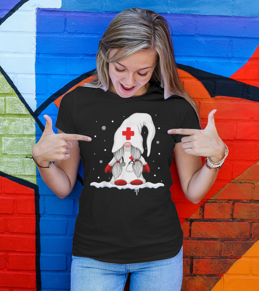 Gnome Nurse With Stethoscope And Red Cross Winter Scene T-Shirt