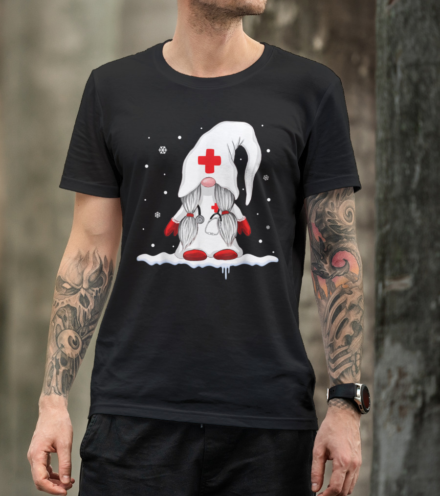 Gnome Nurse With Stethoscope And Red Cross Winter Scene T-Shirt