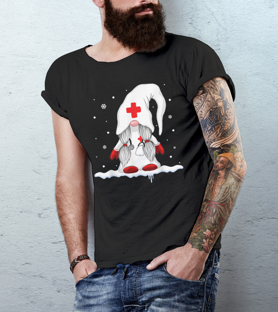 Gnome Nurse With Stethoscope And Red Cross Winter Scene T-Shirt
