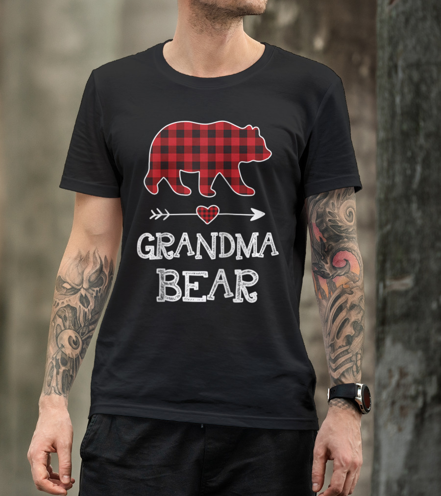 Grandma Bear Christmas Buffalo Plaid Raglan Baseball T-Shirt