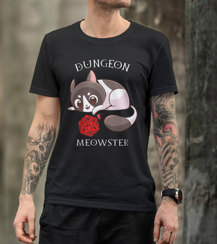 Dungeon Meowster Cat With D20 Nerd RPG Table Top Gamer T-Shirt