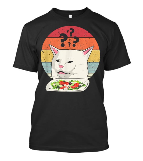 Cat Meme Confused Expression With Salad And Retro Color Stripes T-Shirt