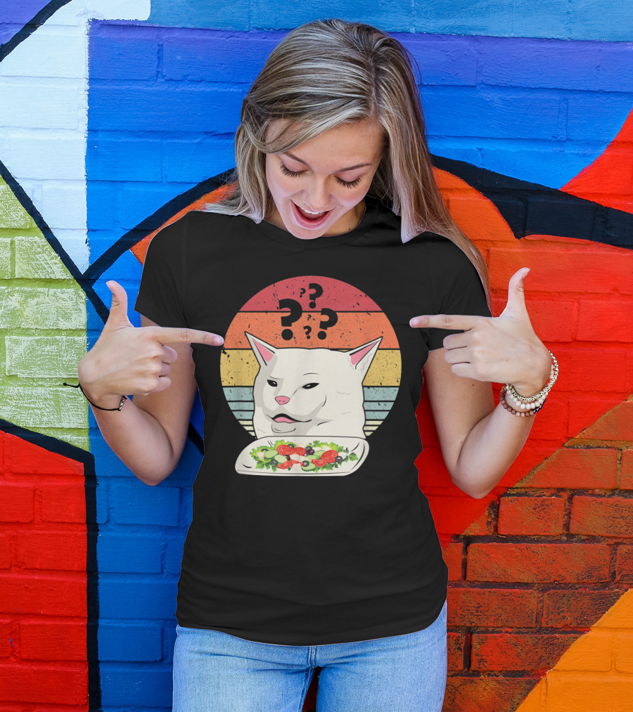 Cat Meme Confused Expression With Salad And Retro Color Stripes T-Shirt