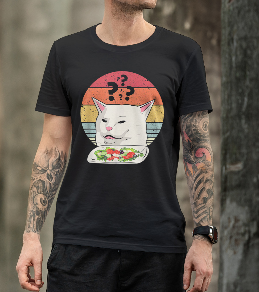 Cat Meme Confused Expression With Salad And Retro Color Stripes T-Shirt