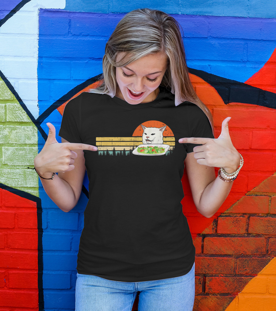 Yelling Cat Meme Retro Sunset Salad Plate Forest Scene T-Shirt