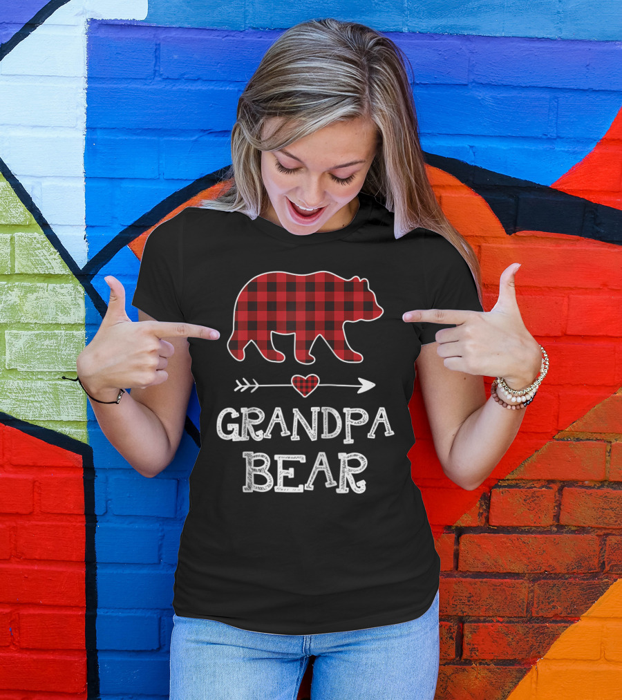 Grandpa Bear Christmas Red Plaid Buffalo Raglan Baseball T-Shirt