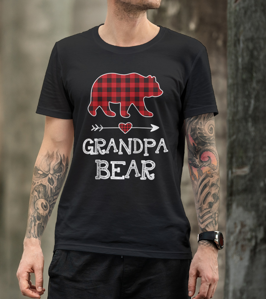 Grandpa Bear Christmas Red Plaid Buffalo Raglan Baseball T-Shirt