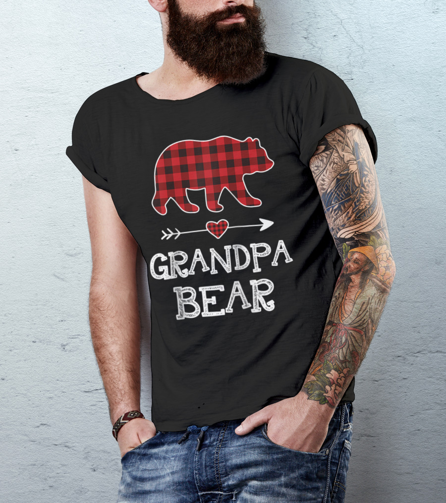 Grandpa Bear Christmas Red Plaid Buffalo Raglan Baseball T-Shirt