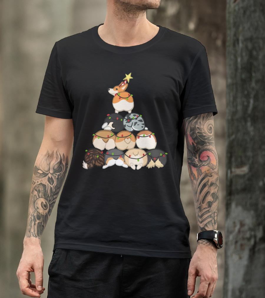 Corgi Butt Christmas Tree With Festive Lights And Star Topper T-Shirt