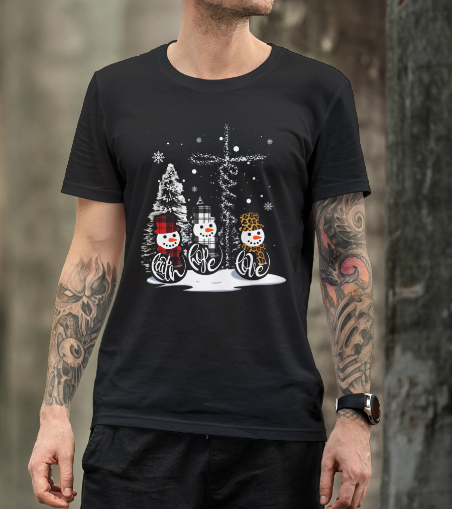 Faith Hope Love Snowmen Jesus Christmas Leopard Plaid T-Shirt