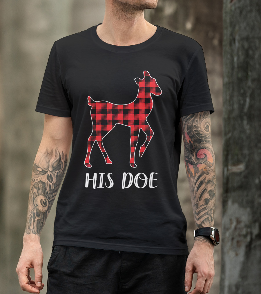 His Doe Red Plaid Buffalo Check Pattern Deer T-Shirt