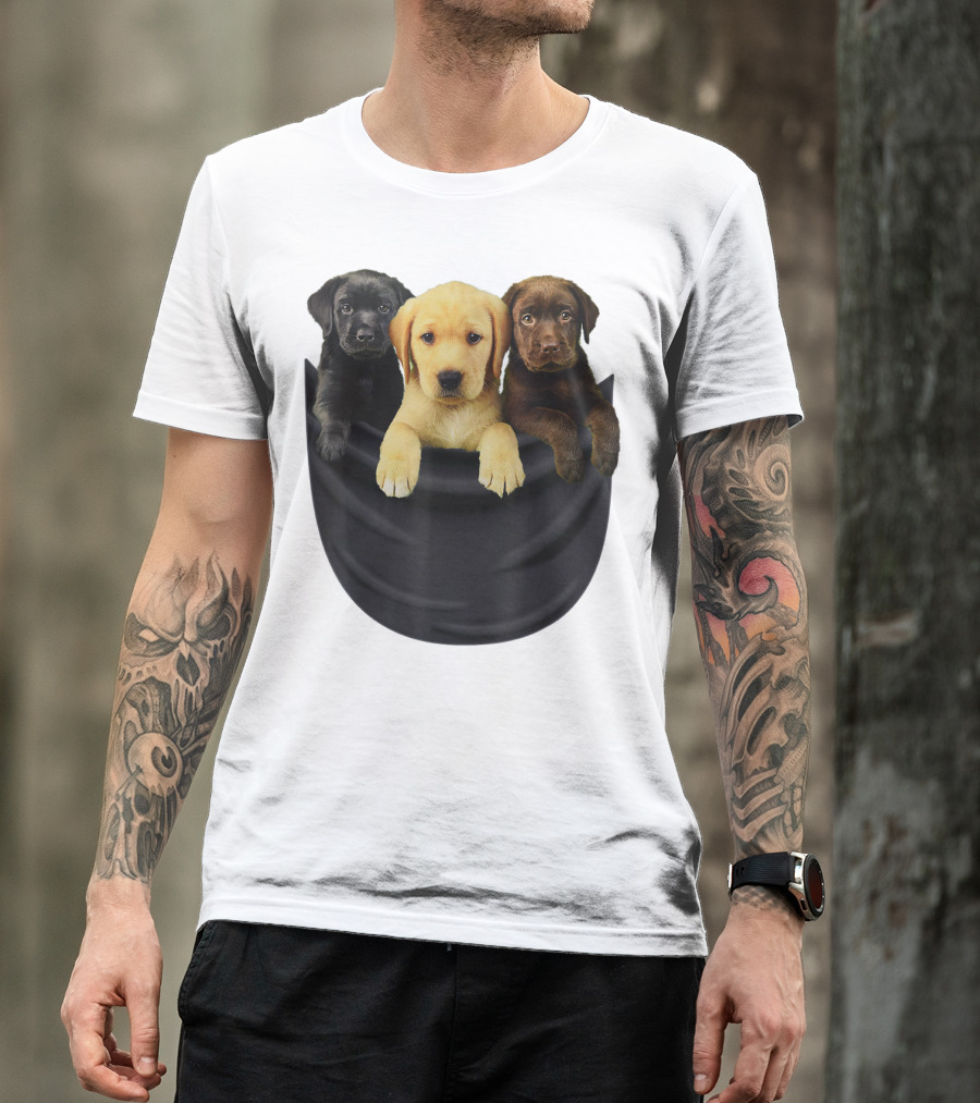 Labrador Retriever Puppy Trio In Big Black Pocket Dog T-Shirt