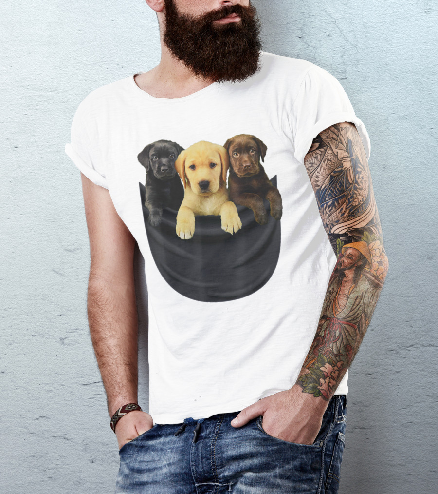 Labrador Retriever Puppy Trio In Big Black Pocket Dog T-Shirt