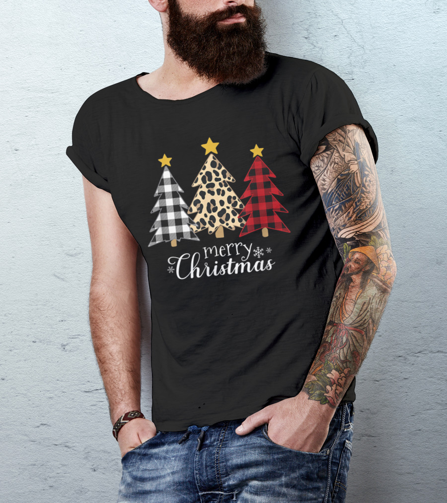 Merry Christmas Buffalo Plaid And Leopard Print Xmas Trees T-Shirt