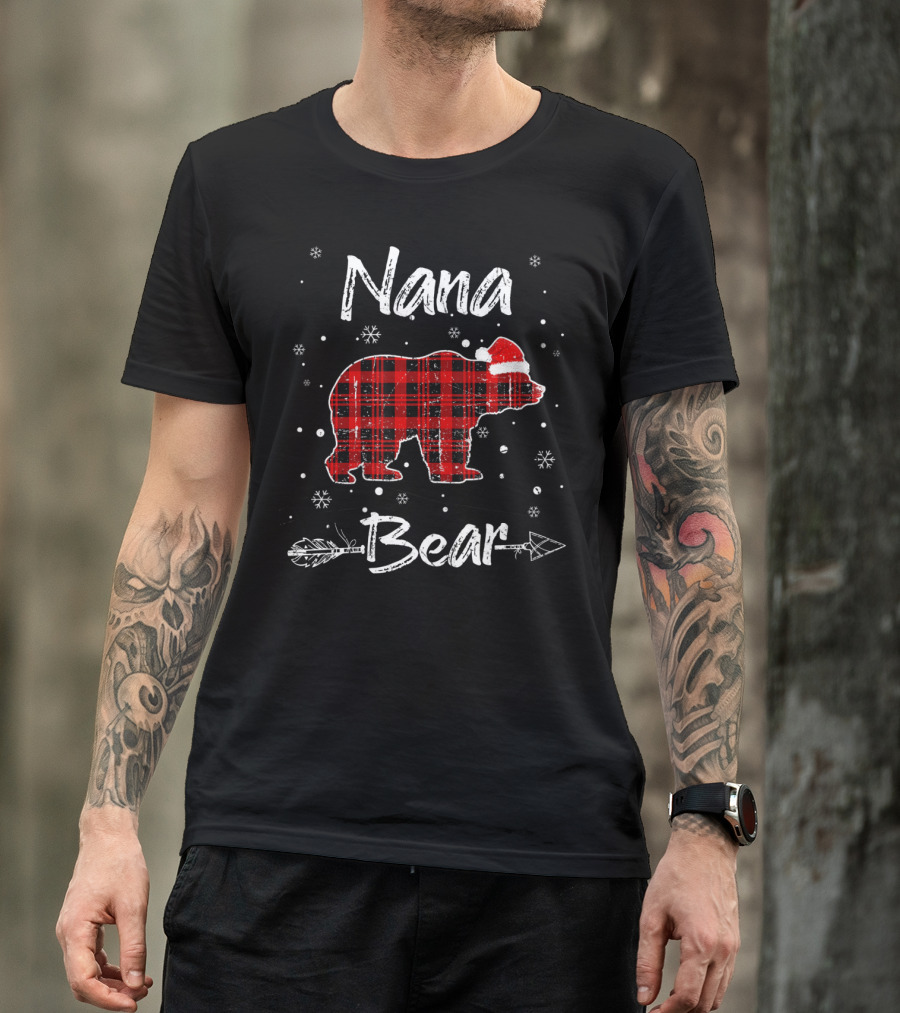 Nana Bear Christmas Red Plaid Santa Hat Snowflakes Arrow T-Shirt
