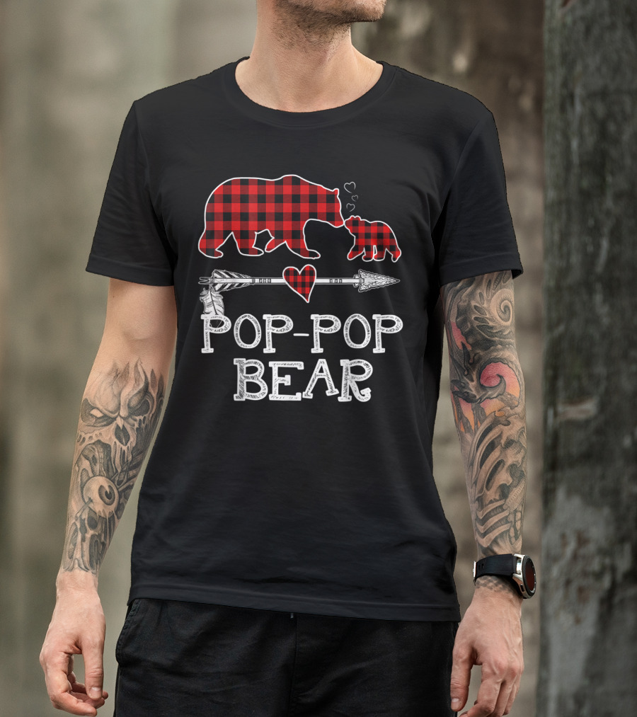 Pop Pop Bear Red Plaid Buffalo Christmas Hearts Arrow T-Shirt