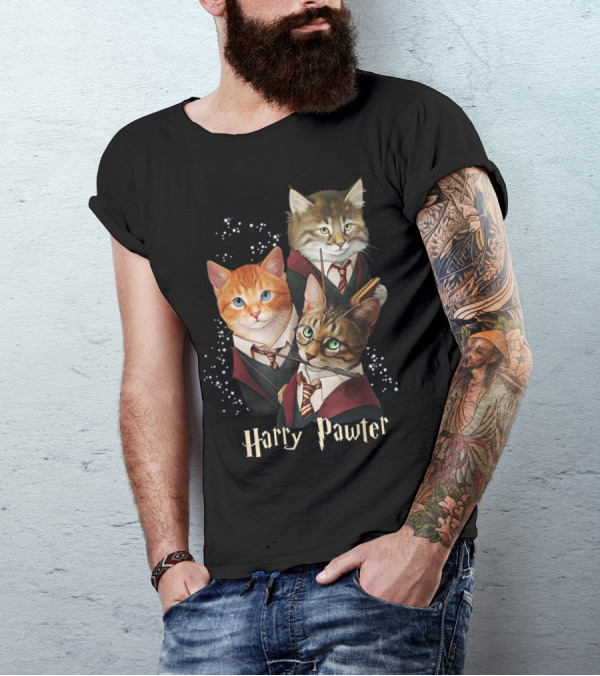 Harry Pawter Cats In Wizard Robes With Wands And Glasses T-Shirt