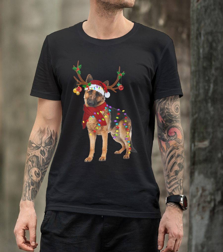 Santa German Shepherd Reindeer Antlers Christmas Lights T-Shirt