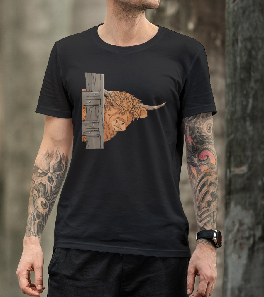 Scottish Highland Cow Spirit Animal Peeking Behind Wooden Fence T-Shirt