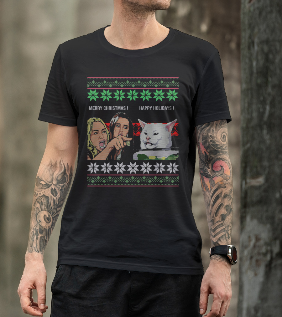 Merry Christmas Happy Holidays Yelling At A Cat Meme T-Shirt