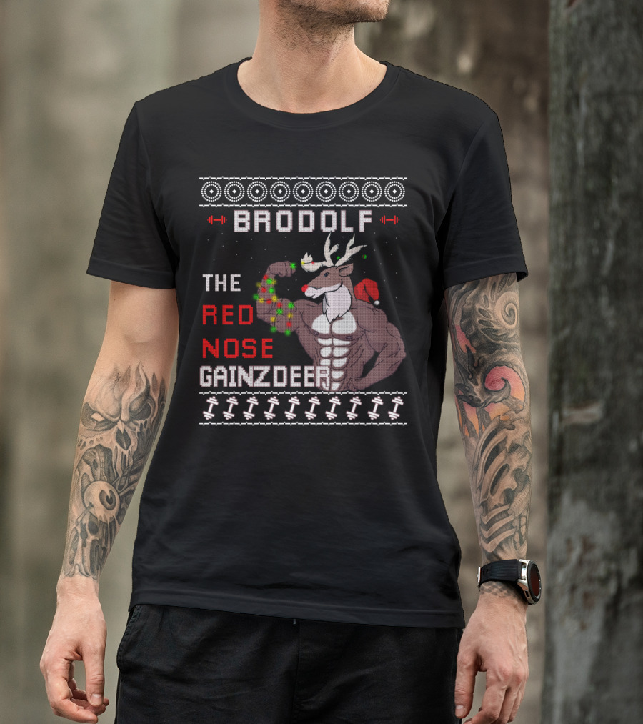 Brodolf The Red Nose Gainzdeer Lifting Weights Festive Sweater Style Fitness T-Shirt