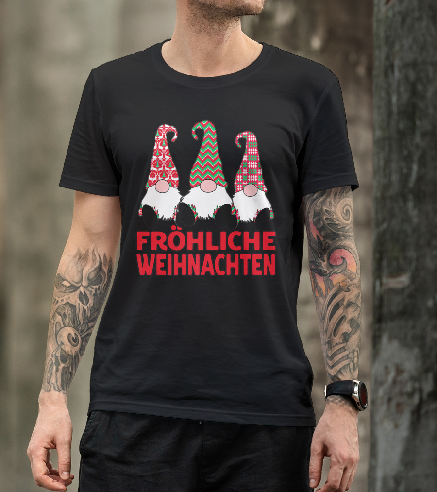Fröhliche Weihnachten German Nordic Gnomes Pattern Trio T-Shirt