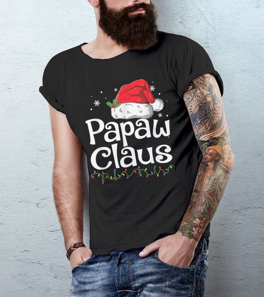 Papaw Claus Christmas Santa Hat With Snowflakes And Holiday Lights T-Shirt