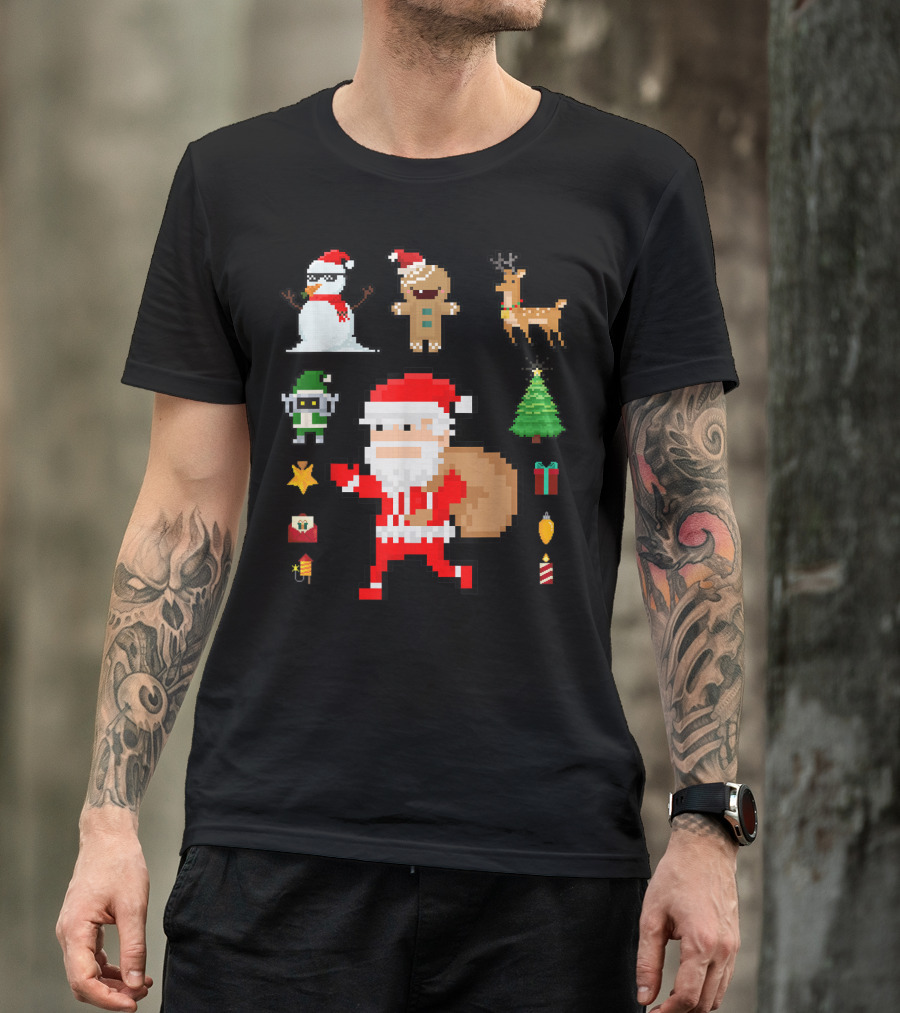 Pixel 8Bit Santa Claus Snowman Gingerbread Reindeer Christmas Tree Gifts Gaming T-Shirt
