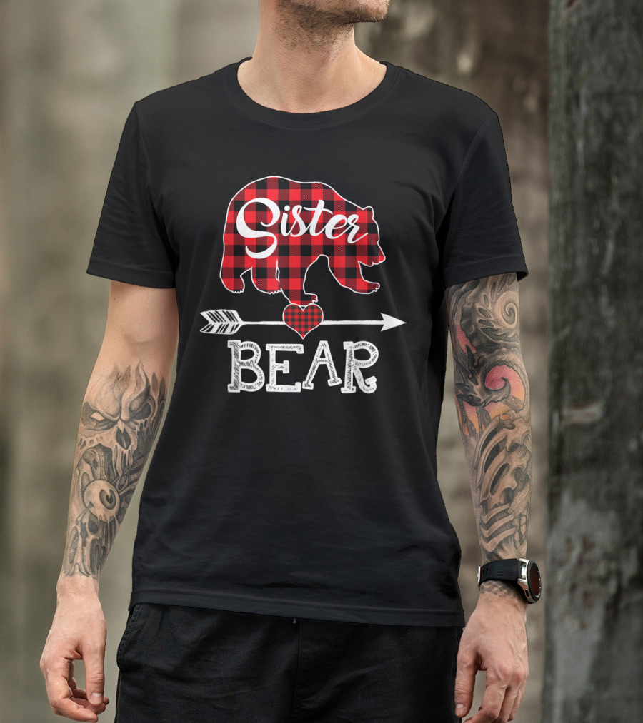 Sister Bear Christmas Red Plaid Buffalo Arrow Heart T-Shirt