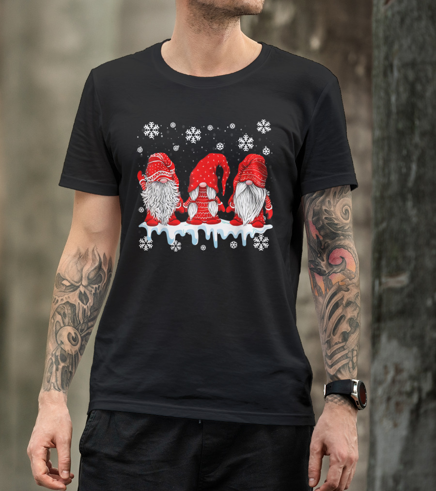Three Festive Red Gnomes With Snowflakes T-Shirt
